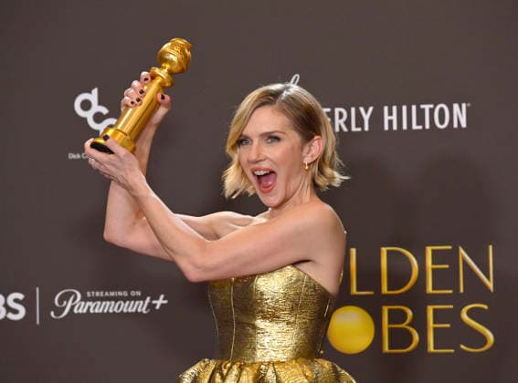 Rhea Seehorn appears backstage after winning the award for Best Performance by a Female Actor in a Television Series Drama award for Pluribus during the 83rd annual Golden Globe Awards at the Beverly Hilton in Beverly Hills, California on Sunday, January 11, 2026.  LAP2026011241 JIMxRUYMEN