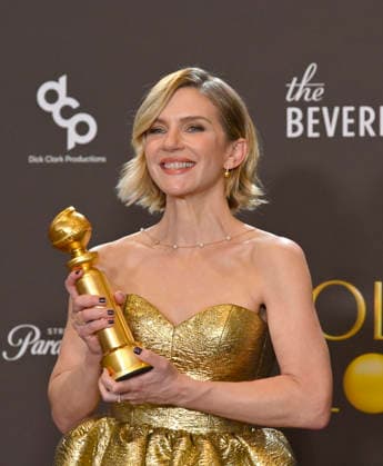 Rhea Seehorn appears backstage after winning the award for Best Performance by a Female Actor in a Television Series Drama award for Pluribus during the 83rd annual Golden Globe Awards at the Beverly Hilton in Beverly Hills, California on Sunday, January 11, 2026.  LAP2026011244 JIMxRUYMEN