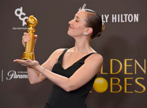 Erin Doherty appears backstage after winning the award for Best Performance by a Female Actor in a Supporting Role on Television award for Adolescence during the 83rd annual Golden Globe Awards at the Beverly Hilton in Beverly Hills, California on Sunday, January 11, 2026.  LAP2026011246 JIMxRUYMEN