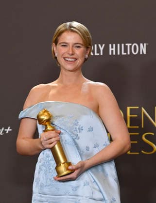 Jessie Buckley appears backstage after winning the award for Best Performance by a Female Actor in a Motion Picture Drama Award for Hamnet during the 83rd annual Golden Globe Awards at the Beverly Hilton in Beverly Hills, California on Sunday, January 11, 2026.  LAP2026011249 JIMxRUYMEN