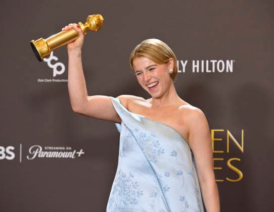 Jessie Buckley appears backstage after winning the award for Best Performance by a Female Actor in a Motion Picture Drama Award for Hamnet during the 83rd annual Golden Globe Awards at the Beverly Hilton in Beverly Hills, California on Sunday, January 11, 2026.  LAP2026011250 JIMxRUYMEN