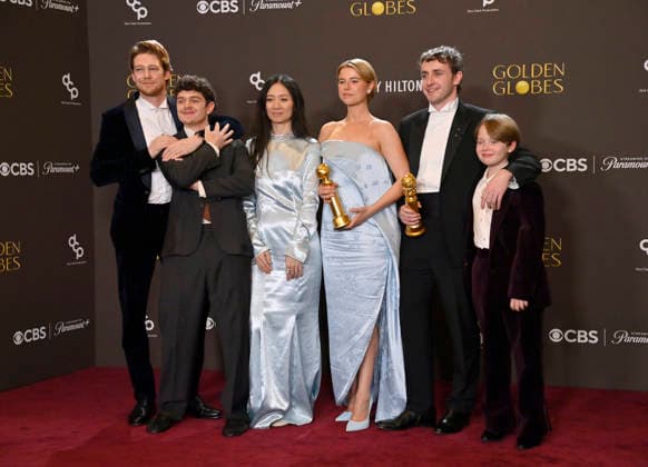 Joe Alwyn, Noah Jupe, ChloÃ Zhao, Jessie Buckley, Paul Mescal and Jacobi Jupe appears backstage after winning the award for Best Motion Picture - Drama Award for Hamnet during the 83rd annual Golden Globe Awards at the Beverly Hilton in Beverly Hills, California on Sunday, January 11, 2026.  LAP2026011253 JIMxRUYMEN