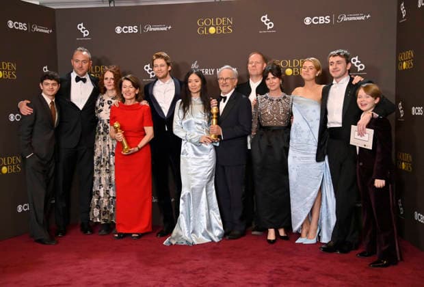 Noah Jupe, Nicolas Gonda, Maggie O Farrell, Pippa Harris, Joe Alwyn, Chloà Zhao, Steven Spielberg, Max Richter, Liza Marshall, Jessie Buckley, Paul Mescal and Jacobi Jupe appear backstage after winning the award for Best Motion Picture - Drama Award for Hamnet during the 83rd annual Golden Globe Awards at the Beverly Hilton in Beverly Hills, California on Sunday, January 11, 2026. LAP2026011255 JIMxRUYMEN