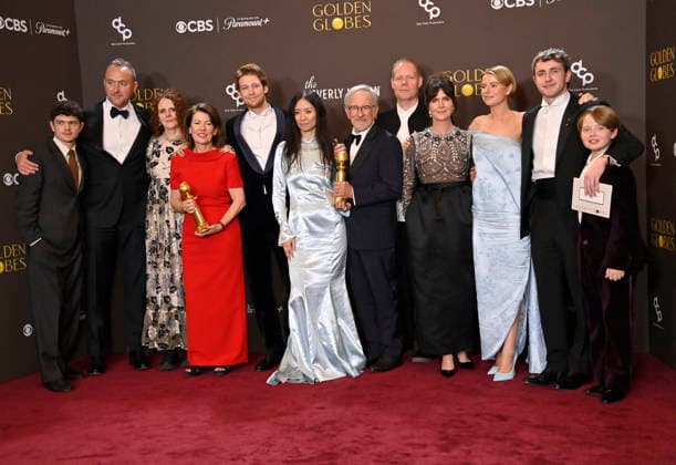 Noah Jupe, Nicolas Gonda, Maggie O Farrell, Pippa Harris, Joe Alwyn, Chloà Zhao, Steven Spielberg, Max Richter, Liza Marshall, Jessie Buckley, Paul Mescal and Jacobi Jupe appear backstage after winning the award for Best Motion Picture - Drama Award for Hamnet during the 83rd annual Golden Globe Awards at the Beverly Hilton in Beverly Hills, California on Sunday, January 11, 2026. LAP2026011256 JIMxRUYMEN