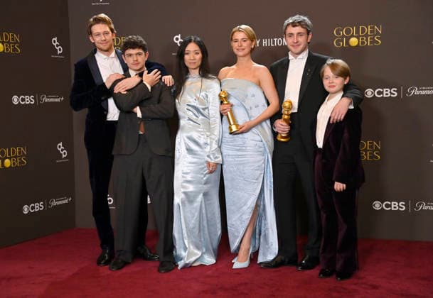 Joe Alwyn, Noah Jupe, ChloÃ Zhao, Jessie Buckley, Paul Mescal and Jacobi Jupe appears backstage after winning the award for Best Motion Picture - Drama Award for Hamnet during the 83rd annual Golden Globe Awards at the Beverly Hilton in Beverly Hills, California on Sunday, January 11, 2026.  LAP2026011354 JIMxRUYMEN