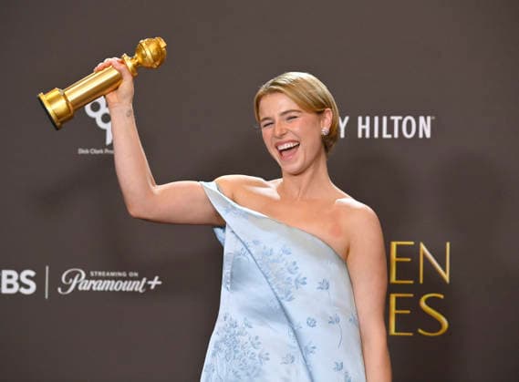 Jessie Buckley appears backstage after winning the award for Best Performance by a Female Actor in a Motion Picture Drama Award for Hamnet during the 83rd annual Golden Globe Awards at the Beverly Hilton in Beverly Hills, California on Sunday, January 11, 2026.  LAP2026011261 JIMxRUYMEN