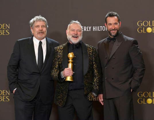 John Wells, R. Scott Gemmill, and Noah Wyle appear backstage after winning the award for Best Television Series - Drama award for The Pitt during the 83rd annual Golden Globe Awards at the Beverly Hilton in Beverly Hills, California on Sunday, January 11, 2026.  LAP20260111273 JIMxRUYMEN