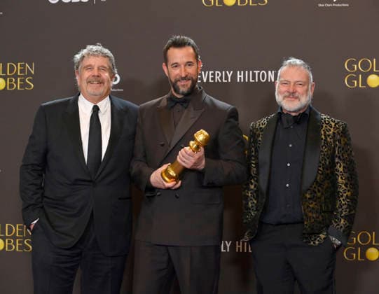 John Wells, R. Scott Gemmill, and Noah Wyle appear backstage after winning the award for Best Television Series - Drama award for The Pitt during the 83rd annual Golden Globe Awards at the Beverly Hilton in Beverly Hills, California on Sunday, January 11, 2026.  LAP20260111274 JIMxRUYMEN