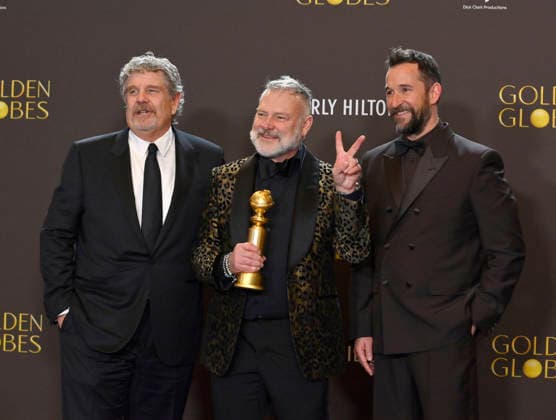 John Wells, R. Scott Gemmill, and Noah Wyle appear backstage after winning the award for Best Television Series - Drama award for The Pitt during the 83rd annual Golden Globe Awards at the Beverly Hilton in Beverly Hills, California on Sunday, January 11, 2026.  LAP20260111277 JIMxRUYMEN