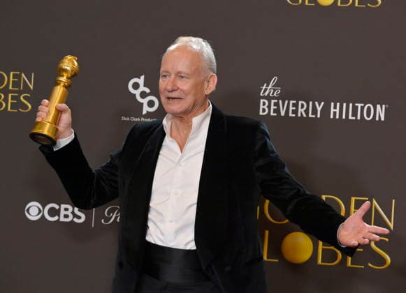 Stellan Skarsgard appears backstage after winning the award for Best Performance by a Male Actor in a Supporting Role in any Motion Picture award for Sentimental Value during the 83rd annual Golden Globe Awards at the Beverly Hilton in Beverly Hills, California on Sunday, January 11, 2026.  LAP20260111282 JIMxRUYMEN