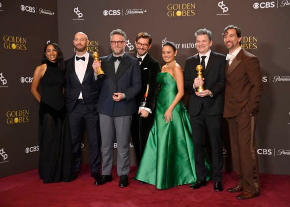 Frida Perez, Evan Goldberg, Seth Rogen, Peter Huyck, Chase Sui Wonders, Alex Gregory and James Weaver appear backstage after winning the award for Best Television Series - Musical or Comedy award for The Studio during the 83rd annual Golden Globe Awards at the Beverly Hilton in Beverly Hills, California on Sunday, January 11, 2026.  LAP20260111s278 JIMxRUYMEN