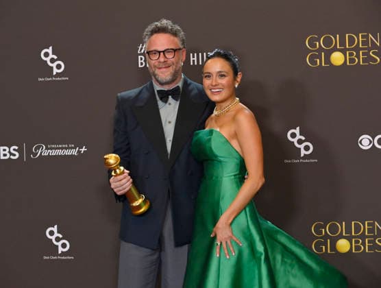 Seth Rogen and Chase Sui Wonders appear backstage after winning the award for Best Television Series - Musical or Comedy award for The Studio during the 83rd annual Golden Globe Awards at the Beverly Hilton in Beverly Hills, California on Sunday, January 11, 2026.  LAP20260111292 JIMxRUYMEN