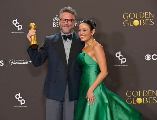 Seth Rogen and Chase Sui Wonders appear backstage after winning the award for Best Television Series - Musical or Comedy award for The Studio during the 83rd annual Golden Globe Awards at the Beverly Hilton in Beverly Hills, California on Sunday, January 11, 2026.  LAP20260111293 JIMxRUYMEN