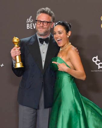 Seth Rogen and Chase Sui Wonders appear backstage after winning the award for Best Television Series - Musical or Comedy award for The Studio during the 83rd annual Golden Globe Awards at the Beverly Hilton in Beverly Hills, California on Sunday, January 11, 2026.  LAP20260111294 JIMxRUYMEN