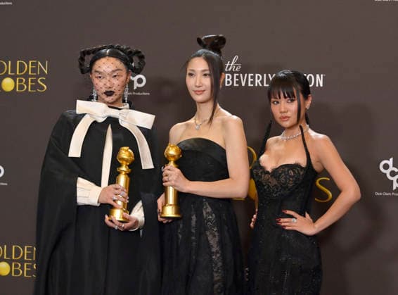 Audrey Nuna, EJAE, and Rei Ami appear backstage after winning the award for Best Original Song - Motion Picture award for Golden from KPop Demon Hunters during the 83rd annual Golden Globe Awards at the Beverly Hilton in Beverly Hills, California on Sunday, January 11, 2026.  LAP20260111295 JIMxRUYMEN