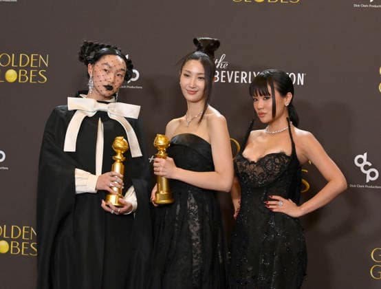 Audrey Nuna, EJAE, and Rei Ami appear backstage after winning the award for Best Original Song - Motion Picture award for Golden from KPop Demon Hunters during the 83rd annual Golden Globe Awards at the Beverly Hilton in Beverly Hills, California on Sunday, January 11, 2026.  LAP20260111296 JIMxRUYMEN