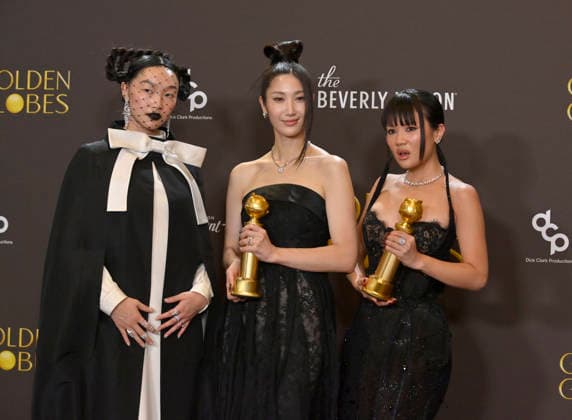 Audrey Nuna, EJAE, and Rei Ami appear backstage after winning the award for Best Original Song - Motion Picture award for Golden from KPop Demon Hunters during the 83rd annual Golden Globe Awards at the Beverly Hilton in Beverly Hills, California on Sunday, January 11, 2026.  LAP20260111297 JIMxRUYMEN