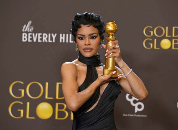 Teyana Taylor appears backstage after winning the award for Best Performance by a Female Actor in a Supporting Role in any Motion Picture award for One Battle After Another during the 83rd annual Golden Globe Awards at the Beverly Hilton in Beverly Hills, California on Sunday, January 11, 2026.  LAP20260111298 JIMxRUYMEN