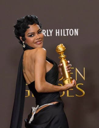 Teyana Taylor appears backstage after winning the award for Best Performance by a Female Actor in a Supporting Role in any Motion Picture award for One Battle After Another during the 83rd annual Golden Globe Awards at the Beverly Hilton in Beverly Hills, California on Sunday, January 11, 2026.  LAP202601112221 JIMxRUYMEN