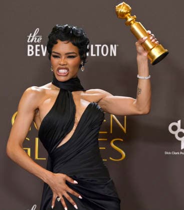 Teyana Taylor appears backstage after winning the award for Best Performance by a Female Actor in a Supporting Role in any Motion Picture award for One Battle After Another during the 83rd annual Golden Globe Awards at the Beverly Hilton in Beverly Hills, California on Sunday, January 11, 2026.  LAP202601112224 JIMxRUYMEN