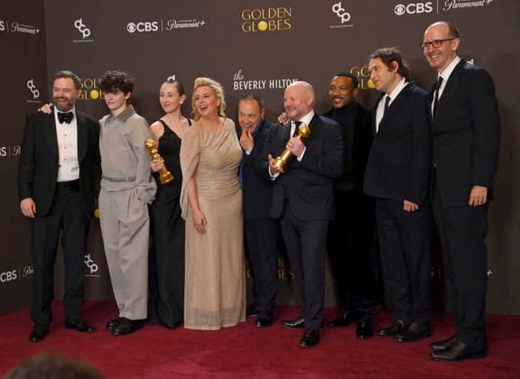 Philip Barantini, Owen Cooper, Erin Doherty, Hannah Walters, Stephen Graham, Mark Herbert, Ashley Walters, Jeremy Kleiner, and Jack Thorne appear backstage after winning the award for Best Television Limited Series, Anthology Series, or Motion Picture Made for Television Award for Adolescence during the 83rd annual Golden Globe Awards at the Beverly Hilton in Beverly Hills, California on Sunday, January 11, 2026. LAP20260111708 JIMxRUYMEN
