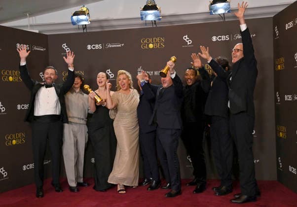 Philip Barantini, Owen Cooper, Erin Doherty, Hannah Walters, Stephen Graham, Mark Herbert, Ashley Walters, Jeremy Kleiner, and Jack Thorne appear backstage after winning the award for Best Television Limited Series, Anthology Series, or Motion Picture Made for Television Award for Adolescence during the 83rd annual Golden Globe Awards at the Beverly Hilton in Beverly Hills, California on Sunday, January 11, 2026. LAP20260111709 JIMxRUYMEN