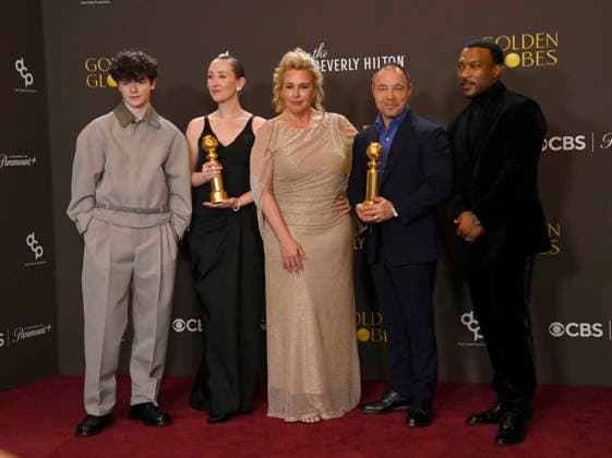 Owen Cooper, Erin Doherty, Hannah Walters, Stephen Graham and Ashley Walters appear backstage after winning the award for Best Television Limited Series, Anthology Series, or Motion Picture Made for Television Award for Adolescence during the 83rd annual Golden Globe Awards at the Beverly Hilton in Beverly Hills, California on Sunday, January 11, 2026.  LAP20260111710 JIMxRUYMEN