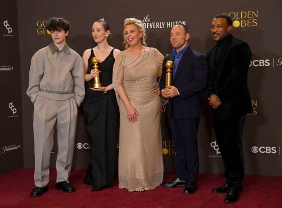 Owen Cooper, Erin Doherty, Hannah Walters, Stephen Graham and Ashley Walters appear backstage after winning the award for Best Television Limited Series, Anthology Series, or Motion Picture Made for Television Award for Adolescence during the 83rd annual Golden Globe Awards at the Beverly Hilton in Beverly Hills, California on Sunday, January 11, 2026.  LAP20260111711 JIMxRUYMEN