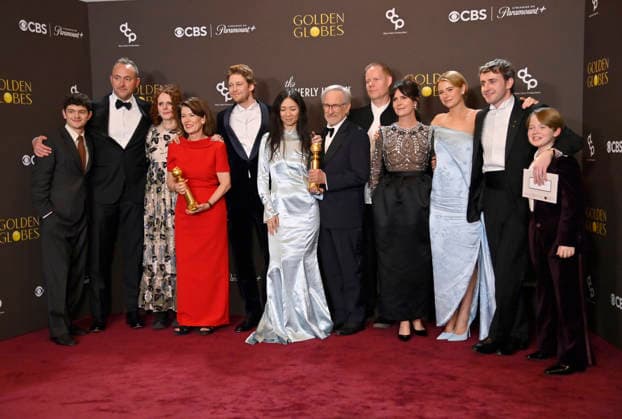 Noah Jupe, Nicolas Gonda, Maggie O Farrell, Pippa Harris, Joe Alwyn, Chloà Zhao, Steven Spielberg, Max Richter, Liza Marshall, Jessie Buckley, Paul Mescal and Jacobi Jupe appear backstage after winning the award for Best Motion Picture - Drama Award for Hamnet during the 83rd annual Golden Globe Awards at the Beverly Hilton in Beverly Hills, California on Sunday, January 11, 2026. LAP202601112231 JIMxRUYMEN