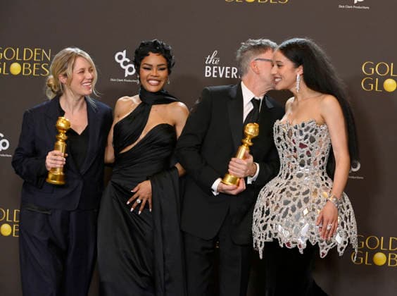 Sara Murphy, Teyana Taylor, Paul Thomas Anderson, and Chase Infiniti appear backstage after winning the award for Best Motion Picture - Musical or Comedy award for One Battle After Another during the 83rd annual Golden Globe Awards at the Beverly Hilton in Beverly Hills, California on Sunday, January 11, 2026.  LAP20260111717 JIMxRUYMEN