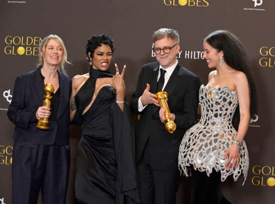Sara Murphy, Teyana Taylor, Paul Thomas Anderson, and Chase Infiniti appear backstage after winning the award for Best Motion Picture - Musical or Comedy award for One Battle After Another during the 83rd annual Golden Globe Awards at the Beverly Hilton in Beverly Hills, California on Sunday, January 11, 2026.  LAP20260111718 JIMxRUYMEN