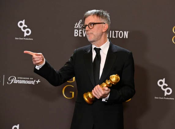 Paul Thomas Anderson appears backstage after winning the award for Best Screenplay - Motion Picture awards for One Battle After Another during the 83rd annual Golden Globe Awards at the Beverly Hilton in Beverly Hills, California on Sunday, January 11, 2026.  LAP20260111721 JIMxRUYMEN
