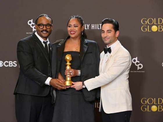 Ryan Coogler, Zinzi Coogler, and Sev Ohanian appear backstage after winning the award for Cinematic and Box Office Achievement award for Sinners during the 83rd annual Golden Globe Awards at the Beverly Hilton in Beverly Hills, California on Sunday, January 11, 2026.  LAP20260111724 JIMxRUYMEN