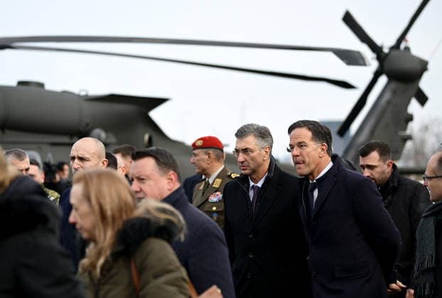PXL_Mark Rutte in Croatia NATO Secretary General Rutte arrives at the Colonel Marko Zivkovic Barracks in Pleso. He was welcomed by Croatian Prime Minister Andrej Plenkovic in Zagreb, Croatia on 12. January 2026.  IgorxSoban PIXSELL