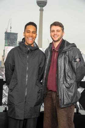 abb Mickey Down and Konrad Kay at the photo call for the launch of HBO Max A Knight of the Seven Kingdoms of the US fantasy series mein munus Grad on the wintry roof terrace of the Humboldt Forum Berlin on 12 01 2026 Berlin Germany