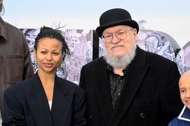 abb Myha la Herrold and George R R Martin at the photo call for the launch of HBO Max A Knight of the Seven Kingdoms of the US fantasy series my munus degrees on the wintry roof terrace of the Humboldt Forum Berlin on 12 01 2026 Berlin Germany