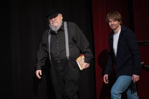 Fan event A KNIGHT OF THE SEVEN KINGDOMS Presenter Marie Christine Knop on stage with George R R Martin Writer Executive Producer and Ira Parker Co Creator Showrunner Executive Producer Fan event Reading and Q A Script to Screen from A KNIGHT OF THE SEVEN KINGDOMS at the Delphi Cinema in Berlin Date 12 01 2026 Copyright: xEventpressxFuhrx