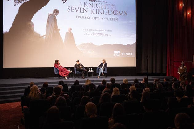 Fan event A KNIGHT OF THE SEVEN KINGDOMS Presenter Marie Christine Knop on stage with George R R Martin Writer Executive Producer and Ira Parker Co Creator Showrunner Executive Producer Fan event Reading and Q A Script to Screen from A KNIGHT OF THE SEVEN KINGDOMS at the Delphi Cinema in Berlin Date 12 01 2026 Copyright: xEventpressxFuhrx