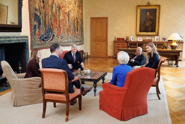 European Parliament President Roberta Metsola, Belgian Foreign Minister Maxime Prevot, King Philippe - Filip of Belgium, European Commission president Ursula Von der Leyen, European Council President Antonio Costa and Crown Princess Elisabeth pictured prior to a reception for the heads of European institutions and permanent representatives accredited to the European Union, at the Royal Palace, in Brussels, on Tuesday 13 January 2026.  POOLxBENOITxDOPPAGNE 155577509