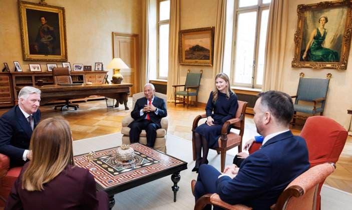 The King and Queen Of Belgium Receive The Leaders Of The European Institutions BRUSSELS, BELGIUM - JANUARY 13 : King Philippe of Belgium and European Parliament President Roberta Metsola,, European Council President Antonio Costa, Crown Princess Elisabeth, European Commission President Ursula von der Leyen and Belgian Foreign Minister Maxime Prevot pictured prior to a reception for the heads of European institutions and permanent representatives accredited to the European Union, at the Royal Palace, on January 13, 2026 in Brussels, Belgium, 13 01 2026 Brussels Belgium Copyright: xBenoitxDoppagnex
