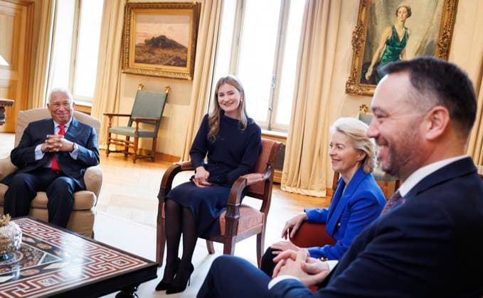 The King and Queen Of Belgium Receive The Leaders Of The European Institutions BRUSSELS, BELGIUM - JANUARY 13 : King Philippe of Belgium and European Council President Antonio Costa, Crown Princess Elisabeth, European Commission President Ursula von der Leyen and Belgian Foreign Minister Maxime Prevot pictured prior to a reception for the heads of European institutions and permanent representatives accredited to the European Union, at the Royal Palace, on January 13, 2026 in Brussels, Belgium, 13 01 2026 Brussels Belgium  Copyright: xBenoitxDoppagnex