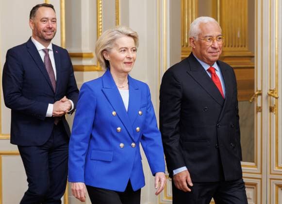 Belgian Foreign Minister Maxime Prevot, European Commission president Ursula Von der Leyen, European Council President Antonio Costa and pictured prior to a reception for the heads of European institutions and permanent representatives accredited to the European Union, at the Royal Palace, in Brussels, on Tuesday 13 January 2026.  BENOITxDOPPAGNE 155581391