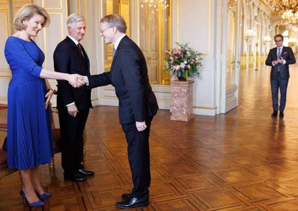 Queen Mathilde of Belgium, King Philippe - Filip of Belgium and Diplomatic Adviser for European Affairs to the Belgian Prime Minister s Office Thomas Lambert pictured during a reception for the heads of European institutions and permanent representatives accredited to the European Union, at the Royal Palace, in Brussels, on Tuesday 13 January 2026.  BENOITxDOPPAGNE 155582537
