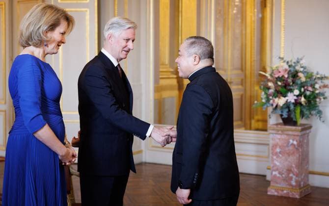 Queen Mathilde of Belgium, King Philippe - Filip of Belgium and Apostolic Nuncio to the European Union Bernardito Cleopas Auza pictured during a reception for the heads of European institutions and permanent representatives accredited to the European Union, at the Royal Palace, in Brussels, on Tuesday 13 January 2026.  BENOITxDOPPAGNE 155584702
