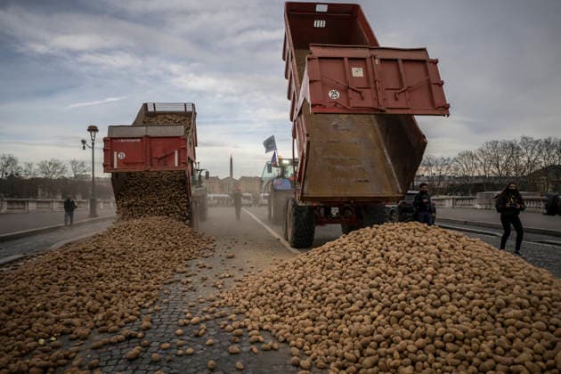 Farmers Dump 30 Tonnes of Potatoes on The Concorde Bridge - Paris Tons of patatoes unloaded by French farmers of French farm unions FNSEA and Jeunes Agriculteurs for the use of parisians are seen in front of the National Assembly as they protest against the EU-Mercosur free trade agreement and the French government s agricultural policy, in Paris, France, January 13, 2026. Photo by Eliot Blondet ABACAPRESS.COM Paris France France  Copyright: xBlondetxEliot ABACAx