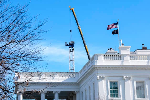 A tower crane is seen in the White House ballroom construction zone where the East wing previously stood at the White House in Washington, DC on Tuesday, January 13, 2026. Democrats are asking the nonprofit group that manages donations to the White House ballroom for details on how much has been raised and what conditions attached to the donations.  WASP20260113115 SHAWNxTHEW