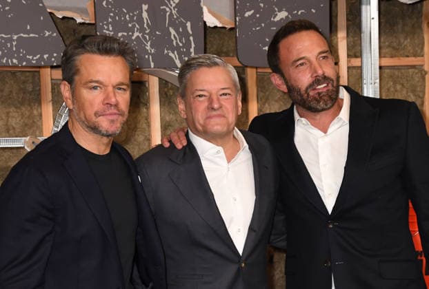 NEW YORK, NY - JANUARY 13: Matt Damon, Ted Sarandos and Ben Affleck at the Netflix World premiere of The Rip at Alice Tully Hall on January 13, 2026 in New York City. Copyright: xMediaPunchx