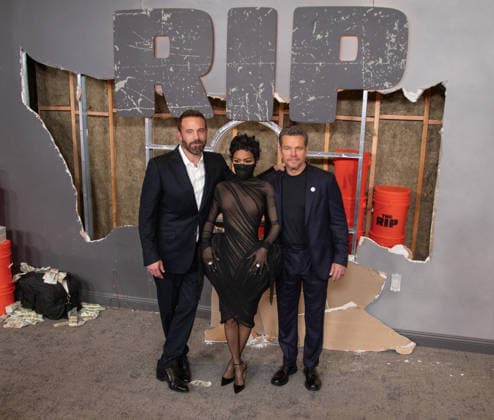 Ben Affleck, Teyana Taylor, and Matt Damon arrive on the red carpet for the Netflix s The Rip New York Premiere on Tuesday, January 13, 2026 at Alice Tully Hall, Lincoln Center in New York City.  NYP20260113647 SERENAxXUxNING