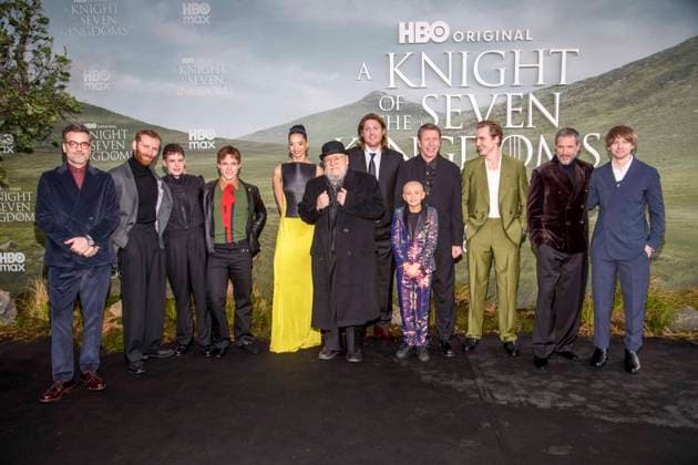 abb Daniel Ings, Edward Ashley, Finn Bennett,Tanzyn Crawford, George R R Martin, Dexter Sol Ansell,, Peter Claffey, Sam Spruell, Henry Ashton, Bertie Carvel and Ira Parker as guests on the black carpet at the world premiere of HBO Max A Knight of the Seven Kingdoms the US American fantasy series at Zoo Palaast on January 13, 2025 in Berlin Berlin Germany