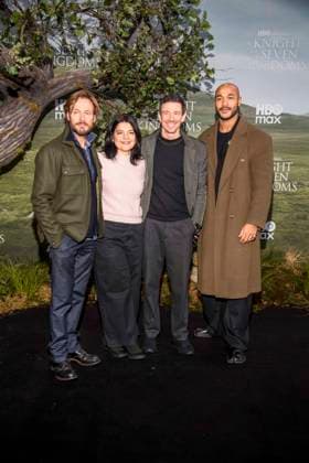abb Andreas Pietschmann, Jasmin Tabatabai, Oliver Berben and Malick Bauer as guests on the black carpet at the world premiere of the US fantasy series HBO Max A Knight of the Seven Kingdoms at Zoo Palaast on 13 01 2025 in Berlin Berlin Germany